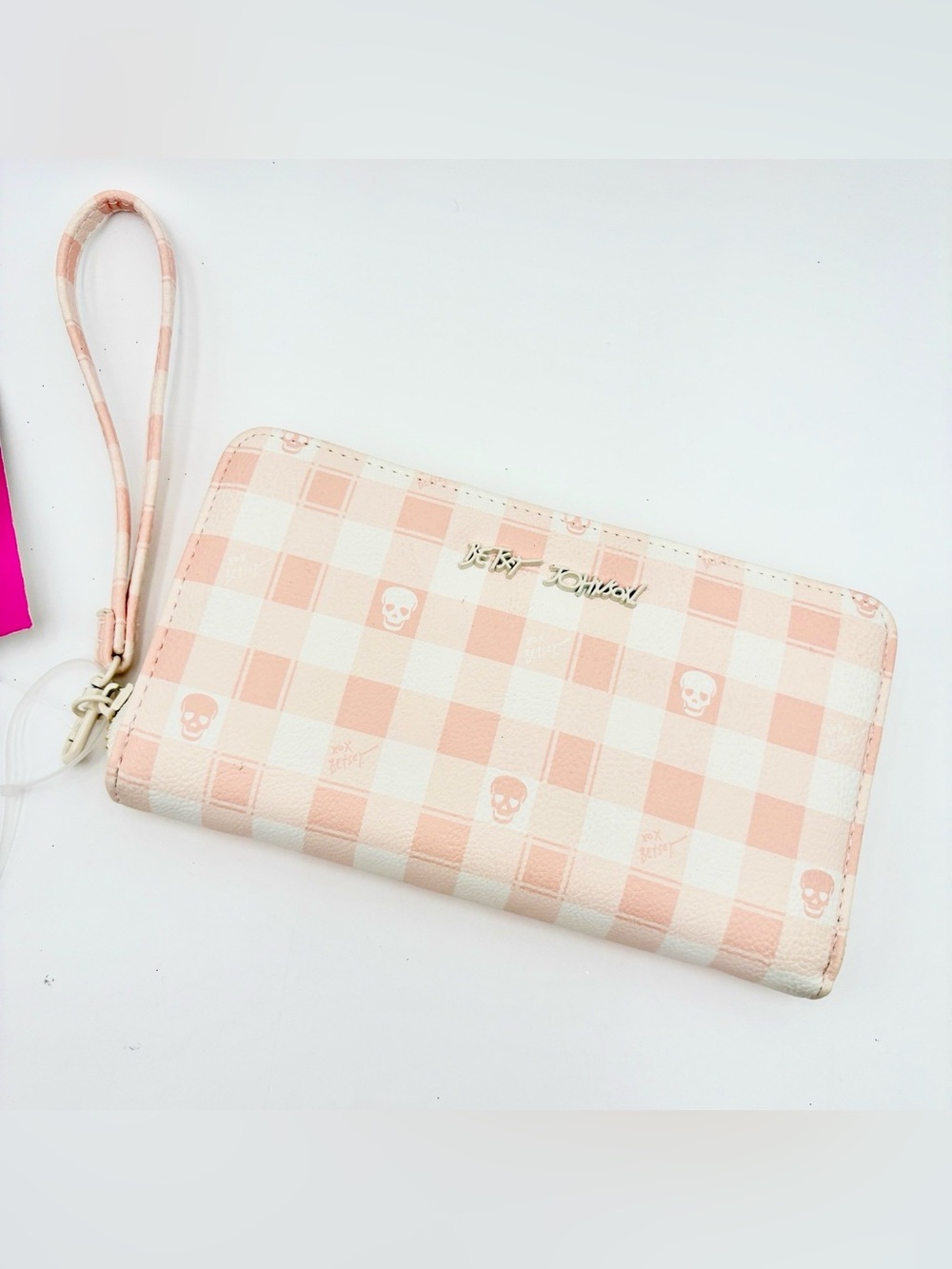 Betsey Johnson Pink and White Checker Wristlet Wallet with Skull Motif